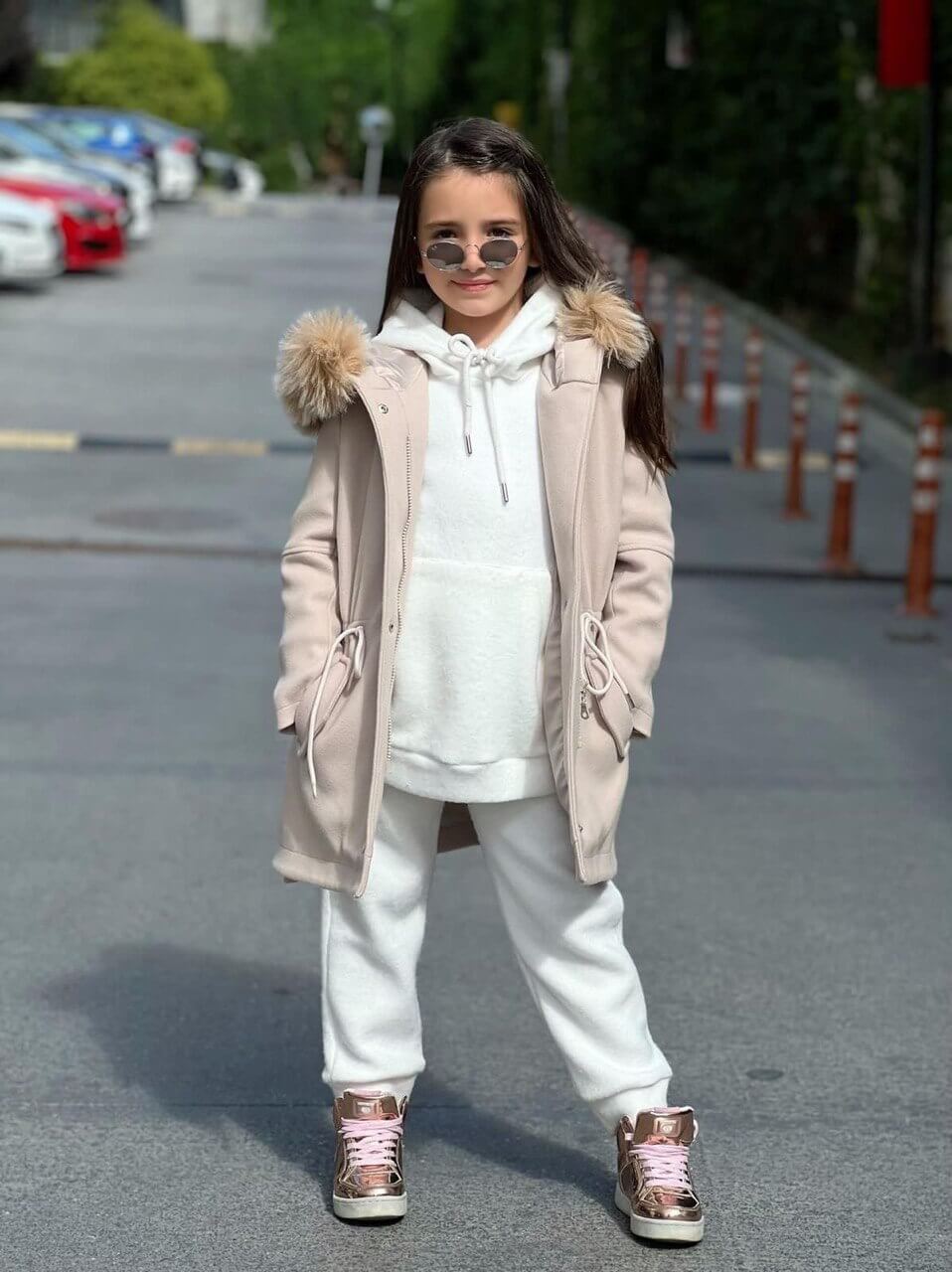 Beige Coat & White Tracksuit