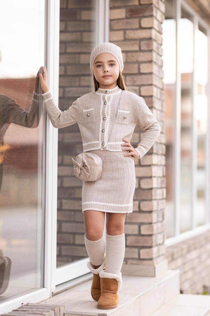 Beige Knitted Cardigan & Skirt