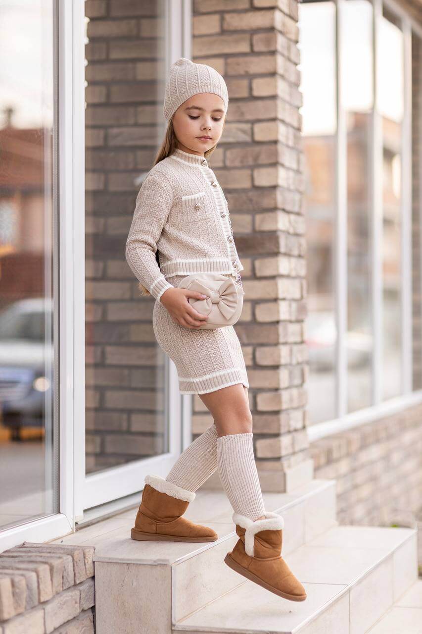 Beige Knitted Cardigan & Skirt